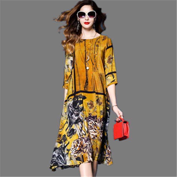 

2019 women dress elegant floral spring summer three quarter sleeve vestidos chinese vintage print faux silk dresses high quality, Black;gray