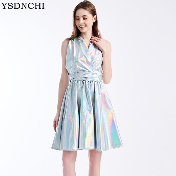 

ysdnchi new arrival 2020 evening party dress womens sleeveless midi dress pu silver pleated bandage dresses dropshipping, Black;pink