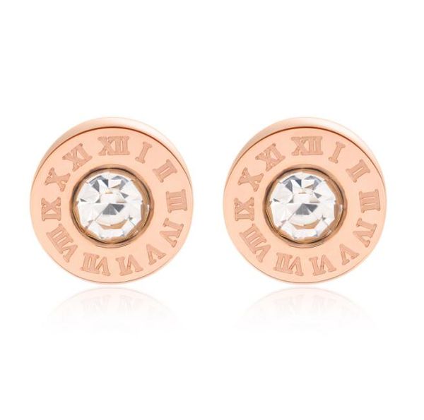 

new design 316l surgical stainless steel stud earrings semi stone cubic zirconia earring ip rose gold high polished roman numbers earring, Golden;silver