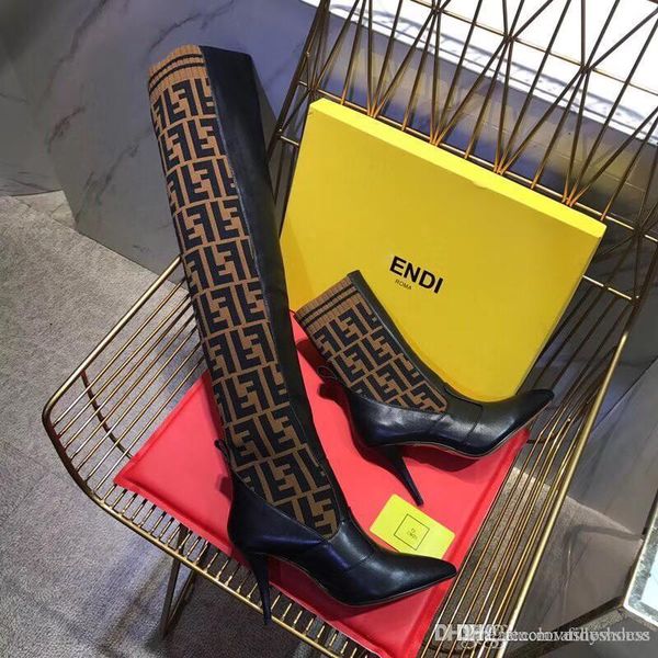 

fashion luxury women boots knitted socks over the knee boots stiletto heel brand temperament boots of size 34-41, Black