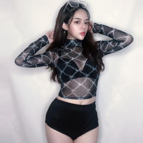 

nightclub bar gogo jazz dance clothing female dj singer pole dance clothes black mesh jazz set stage costume dwy1636, Black;red
