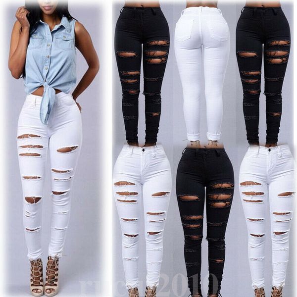 

women's distressed ripped skinny jeanshigh waist stretch slim jeans, Blue