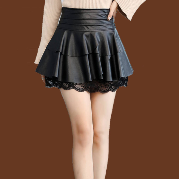 

women pleated skirt high waist black pu leather skirts vintage short mini skirt lace women's clothing saias aq978