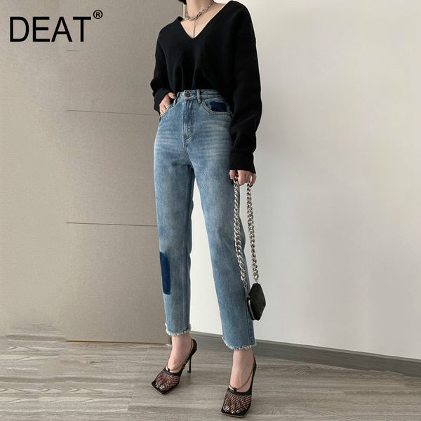 

deat] 2020 fast delivery new spring dress pants for women high waist straight color block patch leisure elastic denim ap632, Blue