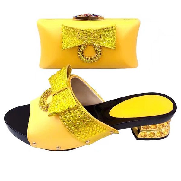

yellow women sandals and bag with rhinestone decoration bowtie african shoes match handbag set v530-1,heel 5.5cm
