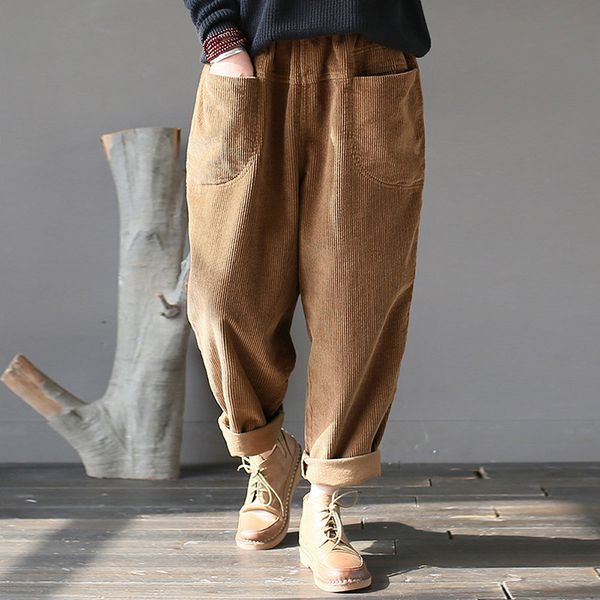 

artistic retro corduroy loose harem pants joint skinny capri pants elastic waist casual baggy women's dress, Black;white