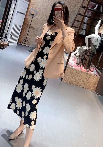 

blazer sets 2020 spring summer casual work suits women notched collar blazer jacket+sunflower print strap dress set, White