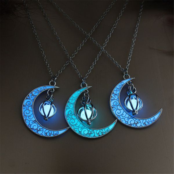 

glow in the dark pendant necklaces for women silver plated chain long night moon necklace women fashion jewelry