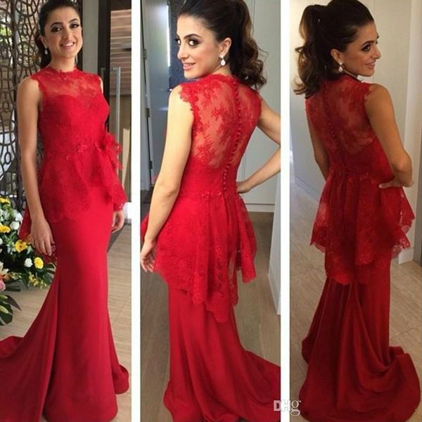 

elegant red lace mermaid evening dresses long formal prom gowns see though arabic special occasion party dresses south africa gowns, Black;red