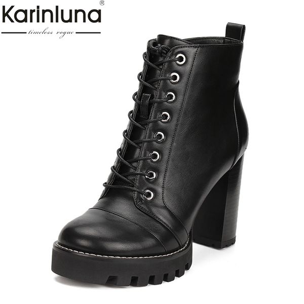 

karin fashion big size 41 chunky high heels ankle boots woman shoes lace up platform shoes woman boots female, Black