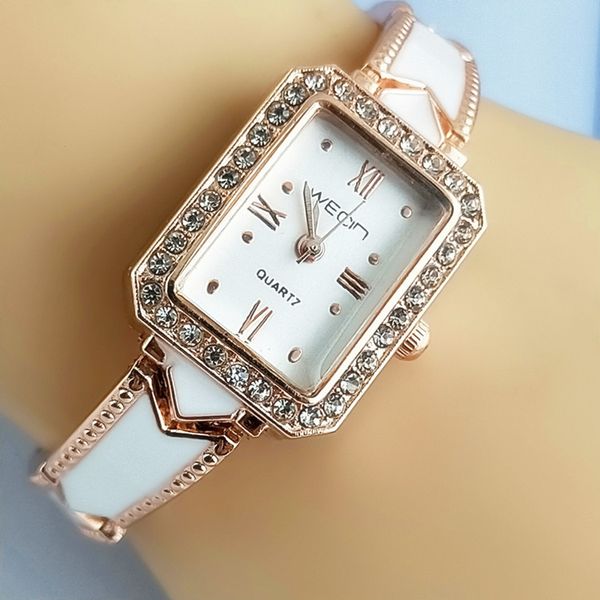 

2018 style rectangular shape women's fashion bracelet watches with shiny stones rose gold elegant wristwatches, Slivery;brown