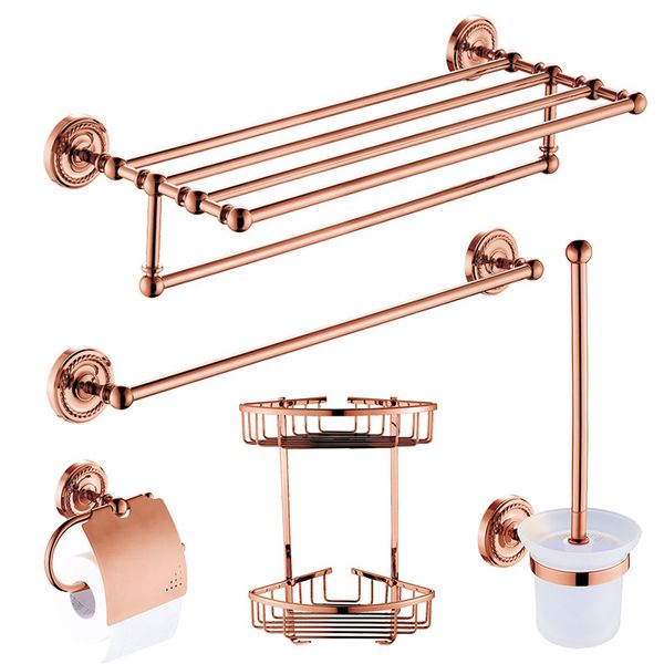 

europe antique rose gold bathroom hardawre accessories set round base polished solid brass bath shelf wall hanging towle ring