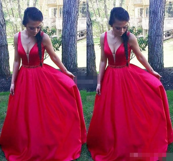 

2020 red satin prom dresses deep v sheer neck beaded crystal straps a line floor length custom made evening gown formal occasion wear, Black