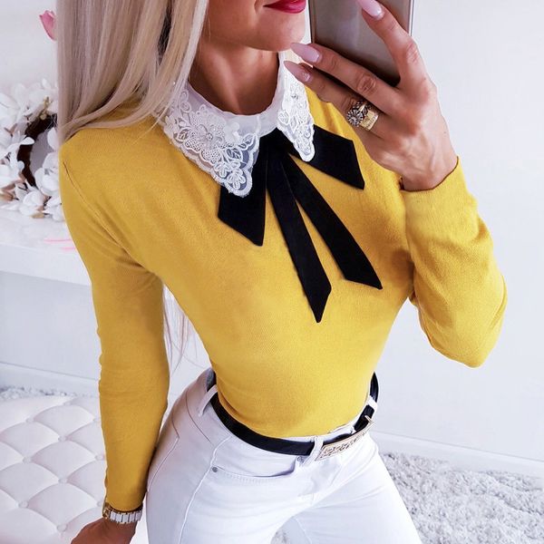 

elegent fashion lace bow bottom blouse casual winter stretch ladies slim female women long sleeve shirt blusas pullover, White