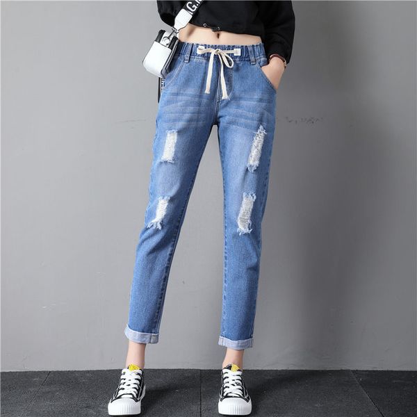 

women jeans pants 2019 korean style ankle length harem trousers waist drawstring tassel ripped denim pants distresses jeans, Blue