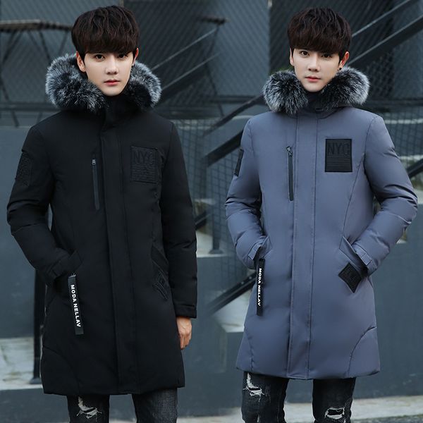 

winter white duck down jackets men long thick keep warm men's down cacket real fur hooded overcoat male outerwear jk-743, Black