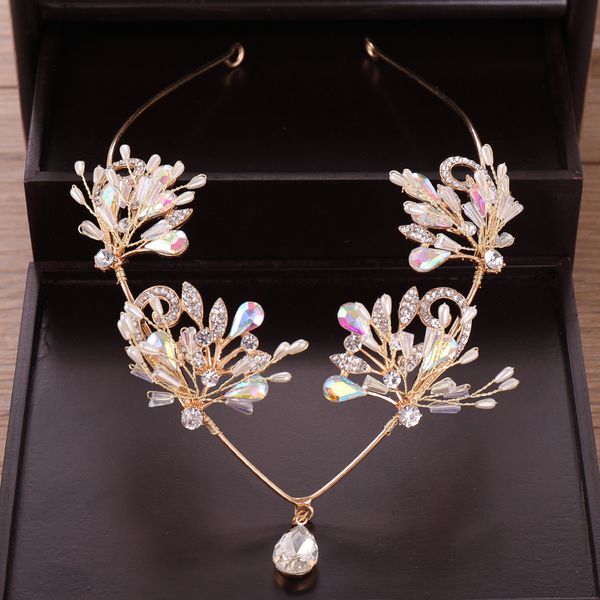 

crystal bridal hair accessory wedding rhinestone waterdrop tiara crown headband frontlet bridesmaid hair jewelry, Golden;white