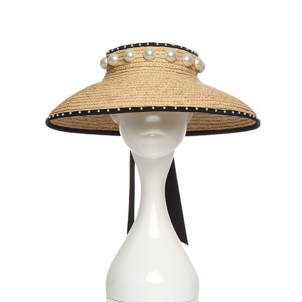 

wide brim hats summer paper large pearl ribbon beach hat sun for women, Blue;gray