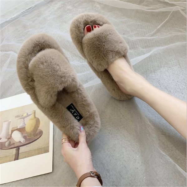 

fashion woman faux fur slippers winter furry slides fluffy flip flops warm sandal home shoes indoor slipper plush platform shoes, Black