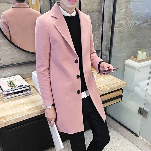 

men's wool & blends korean style winter jacket for men solid mens coat slim fit woolen long overcoat blend lapel collar, Black