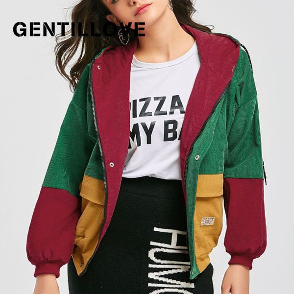 

gentillove autumn winter outwear vintage corduroy jacket women patchwork drawstring hit color long sleeve jackets casual coat, Black;brown