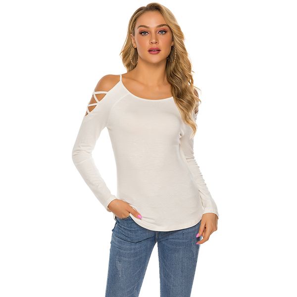 

trendy t-shirt o-neck off shoulder criss cross women t shirt summer style long sleeve hollow out femme tee tshirt, White