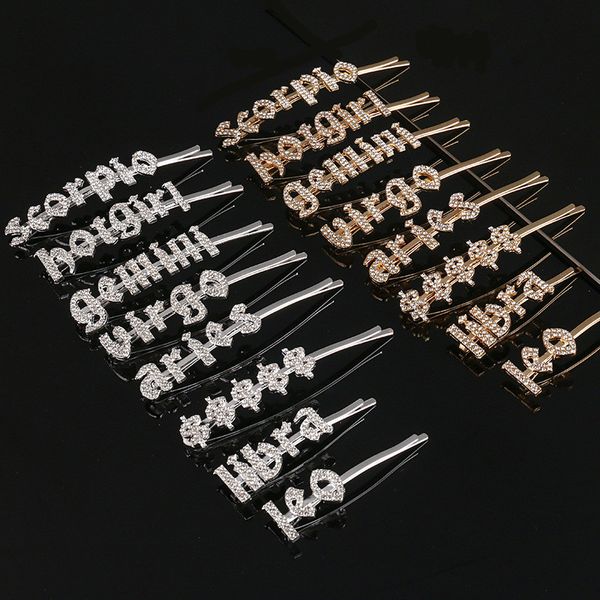 

virgo constellation gemini leo hairpins crystal rhinestones letters hair clips women hairgrip hair jewelry crystal headband, Golden;white