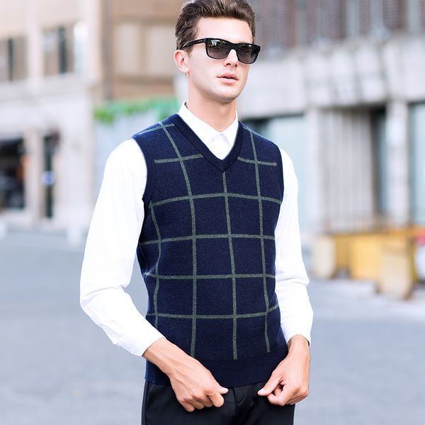

autumn winter men knitted pure wool sweater male thickening casual computer knitted vest, sleeveless plaid v-neck size smlxlxxl, Black;white
