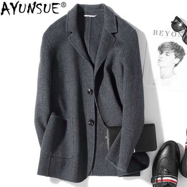 

ayunsue 2019 new men's wool coat korean double-sided woolen jacket overcoat mens coats and jackets gray d-19-00818-3 kj3013, Black