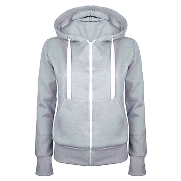 

fashion lady solid color long sleeve hooded pocket zip up casual coat sweatshirt, Black