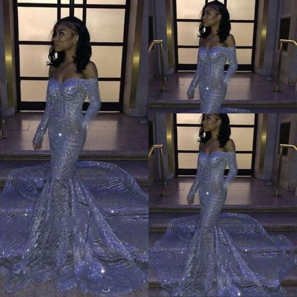 

sparkly silver sequined mermaid evening dresses wear sequins off shoulder illusion long sleeves court train party dress formal prom gowns, Black;red
