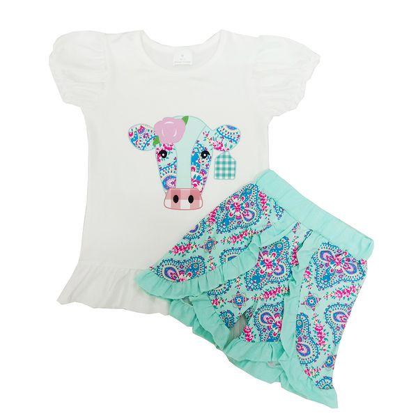 

new design girls clothing sets summer toddler girls clothes 2pcs outfits milk silk short sleeve pant set cow print kids boutique outfits, White