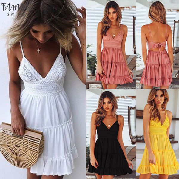 

v neck mini dress women bodycon lace spaghetti strap female summer backless bow casual beach party dresses, Black;gray