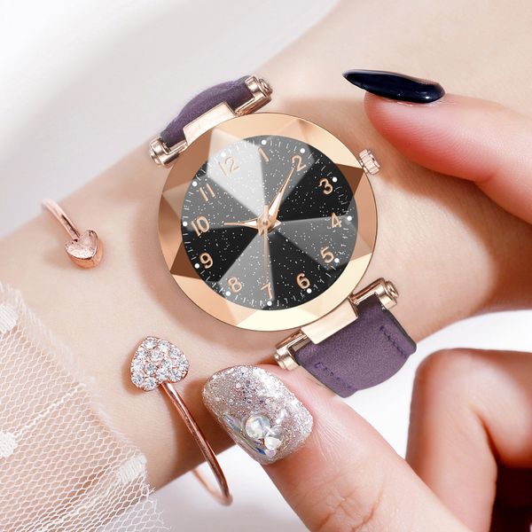 

luxury starry sky watch women clock ladies leather strap wristwatches fashion quartz watches bayan kol saati montre femme 2019, Slivery;brown