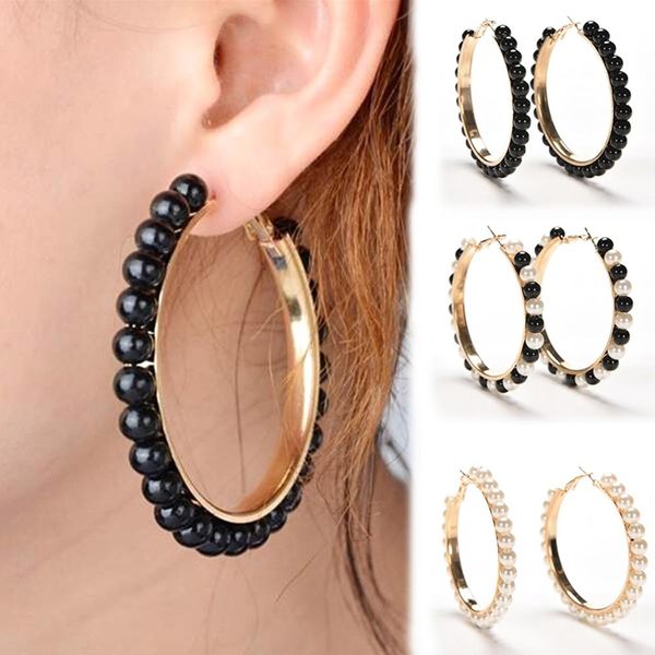 

1 pair fashion earrings women faux pearl inlaid large circle statement hoop earrings jewelry woman's accesories, Golden;silver