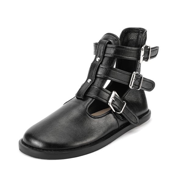 

women's genuine leather narrow band rivet autumn flats gradiator boots round toe hollow-out female ankle boots casual shoes sale, Black