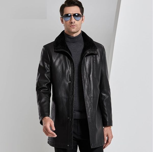 

winter europe fashional warm ecological pu leather coat men's lapel fur one medium long for middle-aged business men's thick, Black