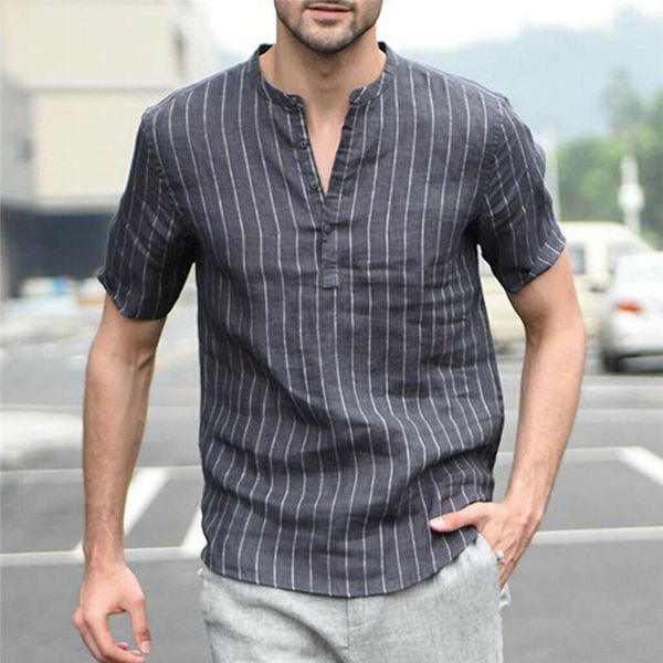 

fashion mens summer autumn button casual loose linen and cotton short sleeve solid blouse male basic tee plus size -2xl, White;black