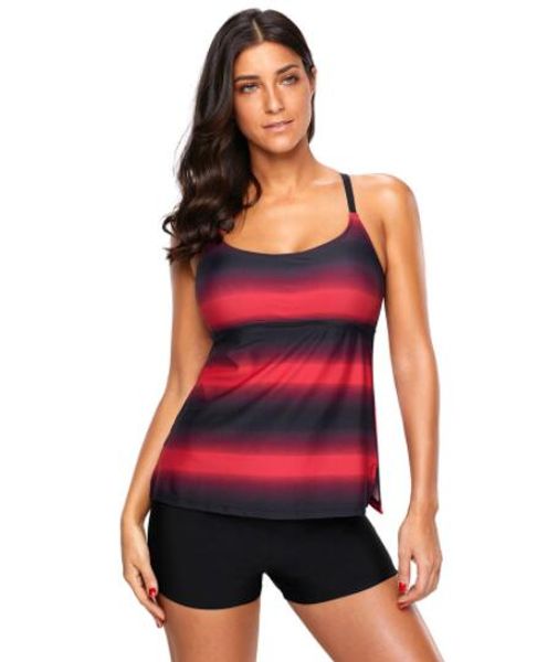 

2023 large big plus girl bikinis set beach gradient one piece conservative belly covering thin flat angle stripe print swimwear