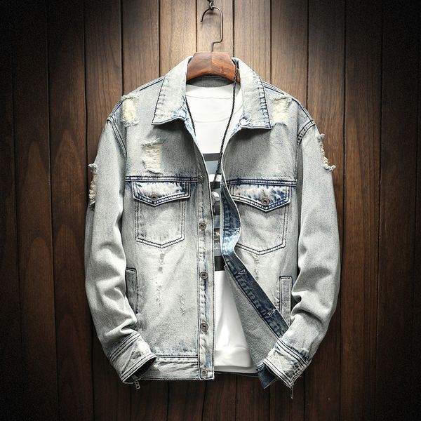 

men vogue classic simple light gray denim jacket men hole simple style fashion denim jacket asian size m-5xl, Black;brown