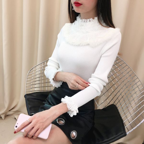 

autumn winter solid half turtleneck pullovers sweaters women spring white lace knitted slim sweater female top, White;black