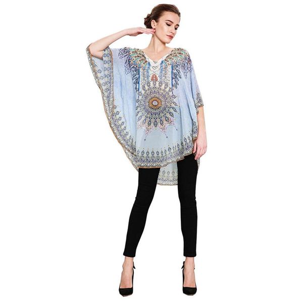

1 pcs ethnic style blouse women print stitching women casual loose muslim printing round neck bat sleeve chiffon shirt, Red