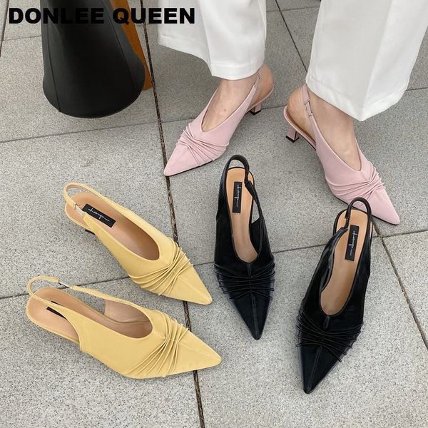 

spring back strap sandals women thin high heels shoes slip on mule pleated pointed toe shoe slingback pumps sandalias mujer, Black
