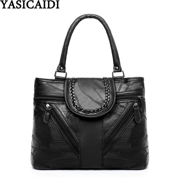 

yasicaidi 2019 black patchwork sheepskin lady big tote hand bags genuine leather women handbag multi pocket female shoulder bag