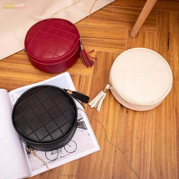 

women mini round bags solid color plaid shoulder handbags plain women small round tassel crossbody bags purses clutches