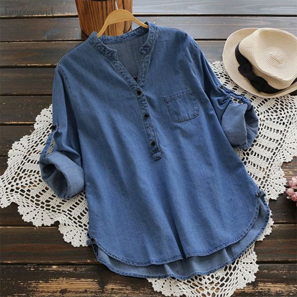 

размер denim plus женщины блуза 2019 осень повседневная v шеи синий blusas femininas свободные рубашки пуговицы женские топы denim top, White