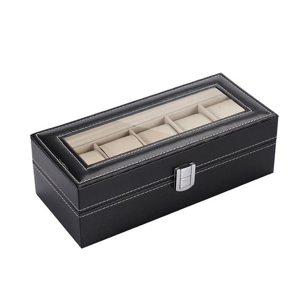 

standard 5 slots fashionable watch box soft pu leather watch storage box display slot case case dropshipping, Black;blue