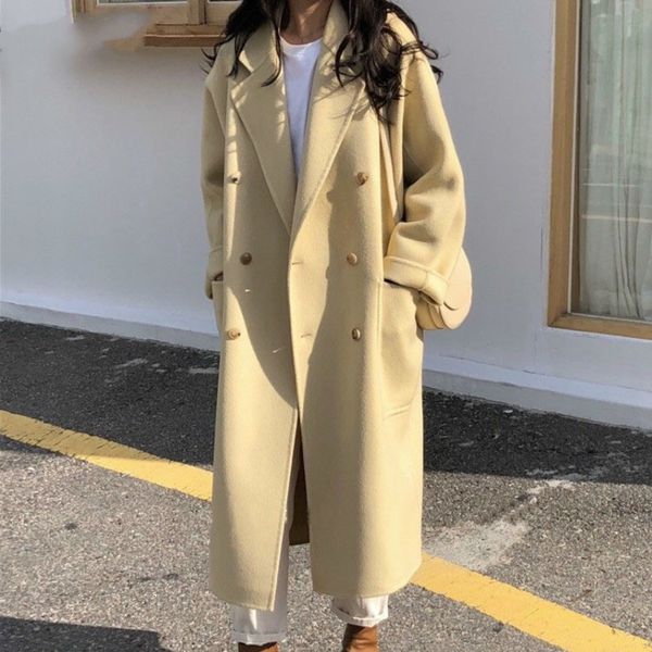 

leisure turn down collar double breasted full sleeve loose lemon yellow long woolen covercoat 2019 winter coat new l228, Black