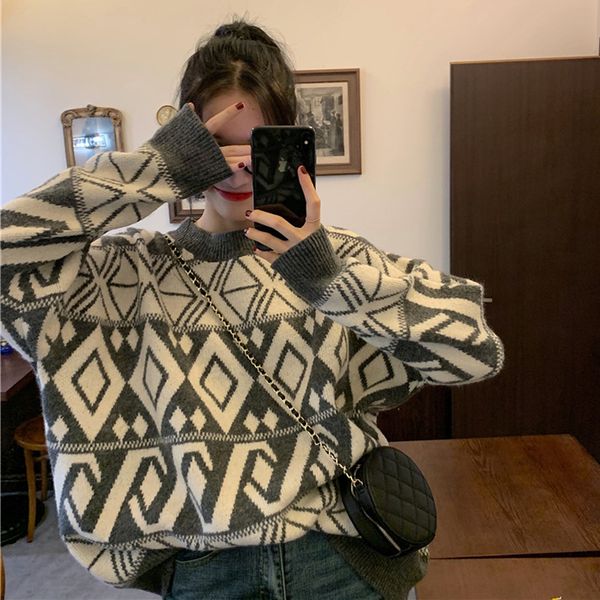 

wavsiyier женщин knittted свитера о шее свободно клетчатой ​​корейской моде джемпер женской женщины марочных пуловеров толстой леди зима 202, White;black