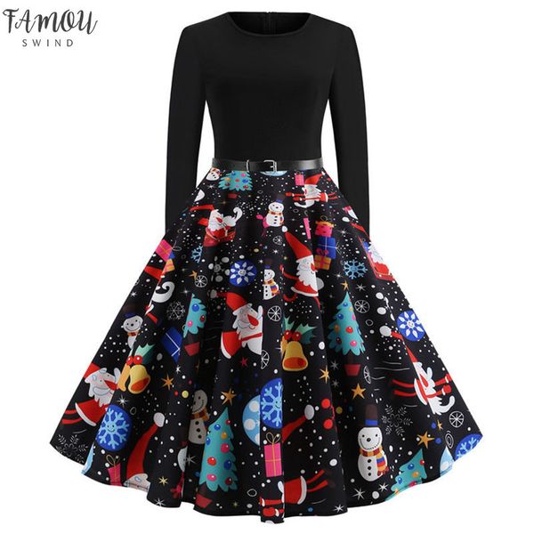 

vintage dress long sleeve print christmas dress winter elegant swing party dresses robe femme casual rockabilly vestidos, Black;gray
